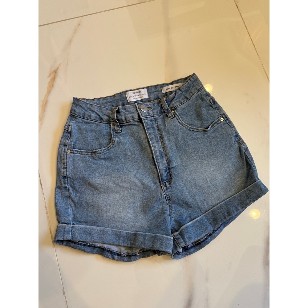 Cotton On High Rise Stretch Denim Shorts Light Wash Blue‎ Cuffed Size 6 US